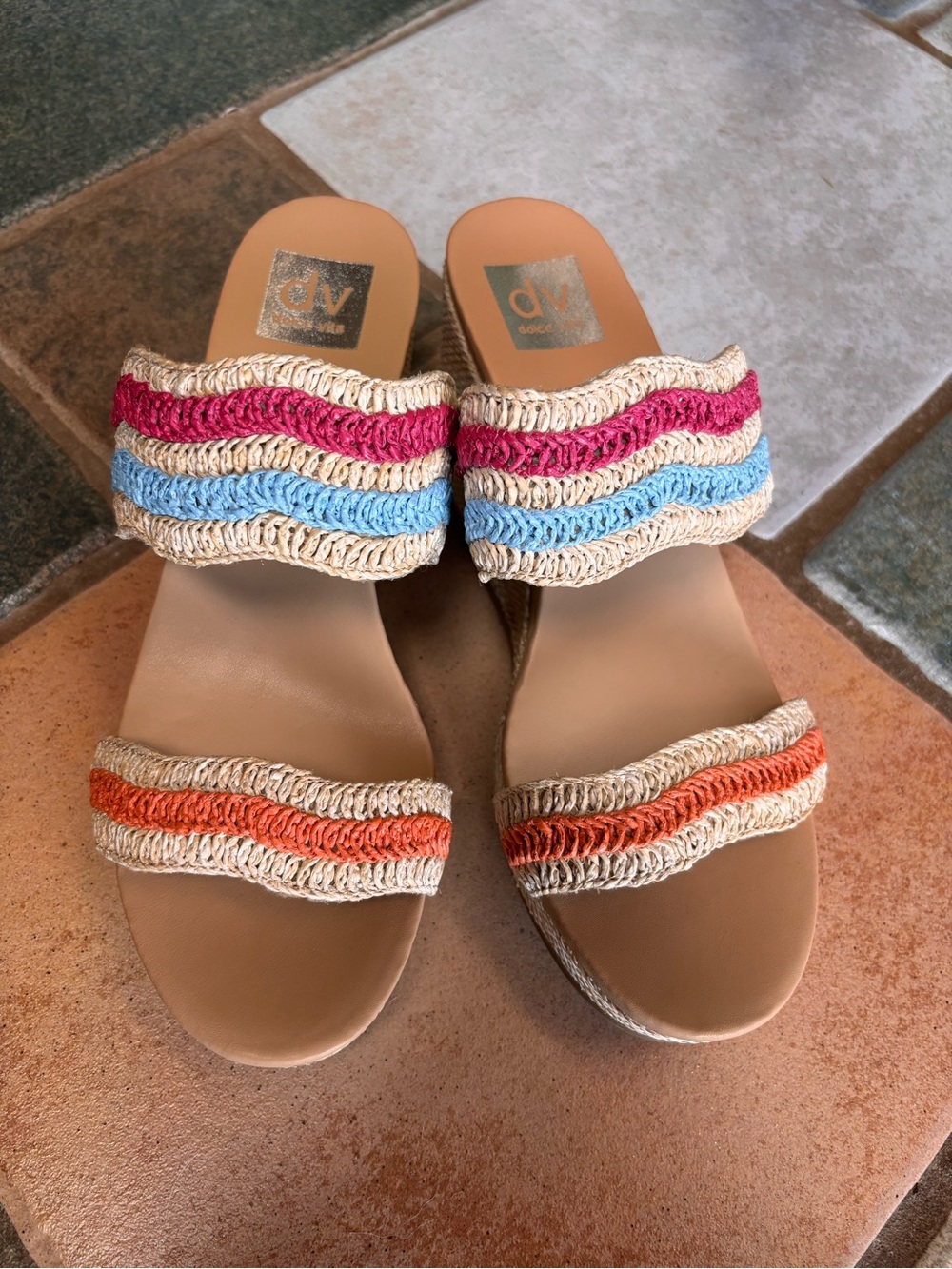 DV by Dolce Vita Tan Slide Sandals with Pink, Blue & Orange Woven Straps